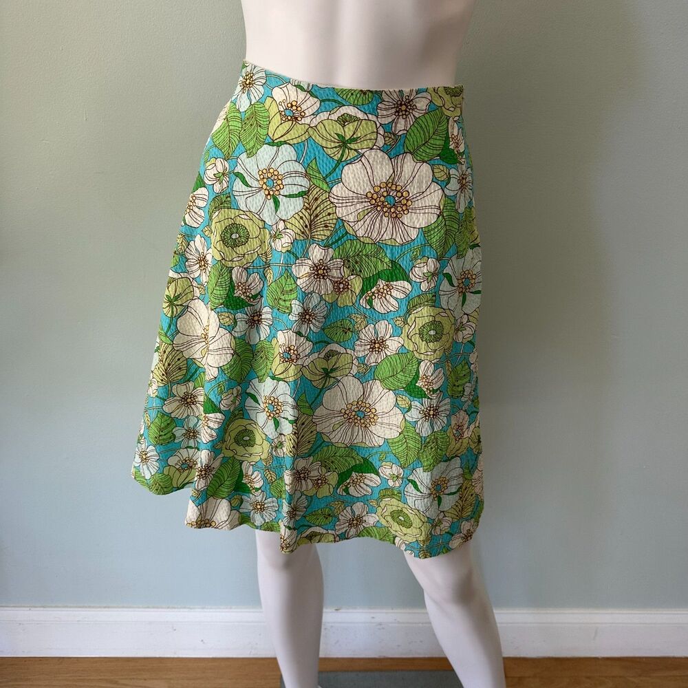 Vintage Gap Y2k Mod Floral A-Line Skirt Turquoise Green White Seersucker Size 0